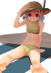 Rule 34 | absurdres, barefoot, bikini, feet, hat, highres, kantai collection, light purple hair, looking at viewer, low twintails, midriff, navel, ooshio (kancolle), purple eyes, smile, swimsuit, toes, twintails, zhui