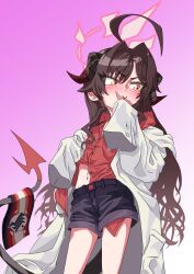 Rule 34 | 1girl, aghanseonmul, ahoge, black hair, black horns, black shorts, black tail, blue archive, blush, coat, collared shirt, demon horns, gradient background, hair intakes, halo, highres, horns, kasumi (blue archive), lab coat, long hair, looking to the side, navel, open clothes, open coat, oversized clothes, purple background, red shirt, shirt, short eyebrows, short shorts, shorts, smile, solo, tail, white coat, yellow eyes