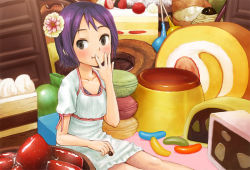 Rule 34 | blush, cake, candy, chocolate, eating, flat chest, flower, food, fruit, hashi, purple hair, sitting, skirt, strawberry, sweets