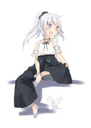Rule 34 | 1girl, :d, alternate costume, black choker, black pants, black ribbon, black scrunchie, blue eyes, blush, casual, choker, commentary request, contemporary, earrings, floral print, flower earrings, full body, grey footwear, hair ornament, hair scrunchie, high heels, highres, jewelry, mononobe no futo, no headwear, open mouth, pants, ribbon, ribbon choker, scrunchie, shadow, shirt, sidelocks, signature, silver hair, simple background, sitting, smile, solo, striped clothes, striped shirt, touhou, toutenkou, vertical-striped clothes, vertical-striped shirt, white background, white shirt