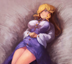 Rule 34 | 1girl, binayu, blonde hair, breasts, female focus, own hands clasped, large breasts, long hair, lying, on back, own hands together, silent sinner in blue, solo, touhou, watatsuki no toyohime, yellow eyes