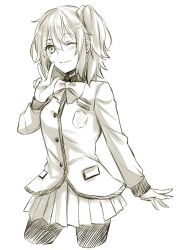 Rule 34 | 1girl, ;), blazer, bow, bowtie, closed mouth, cropped legs, fate/grand order, fate (series), fujimaru ritsuka (female), greyscale, hair between eyes, hair ornament, hair scrunchie, jacket, long hair, long sleeves, miniskirt, monochrome, nishinishihigas, one eye closed, pantyhose, pleated skirt, school uniform, scrunchie, side ponytail, simple background, sketch, skirt, smile, solo, standing, w, white background