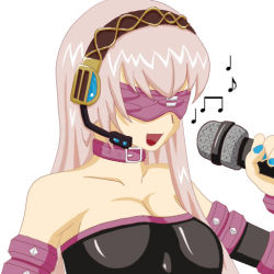 Rule 34 | 1girl, asakawa yuu, blindfold, breasts, cleavage, collar, cosplay, dress, fate/stay night, fate (series), headset, large breasts, long hair, mask, medusa (fate), medusa (rider) (fate), medusa (rider) (fate) (cosplay), megurine luka, microphone, musical note, parody, voice actor connection, shirue, solo, strapless, strapless dress, very long hair, vocaloid