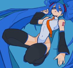 Rule 34 | 1girl, arm tattoo, black footwear, blue background, blue eyes, blue hair, blue nails, bone nig, boots, collared leotard, commentary, covered navel, detached sleeves, hair between eyes, hatsune miku, highres, leotard, long hair, lying, nail polish, necktie, on back, orange necktie, solo, tattoo, thigh boots, very long hair, vocaloid, white leotard