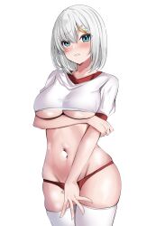 Rule 34 | 1girl, alternate costume, arm under breasts, blue eyes, blush, breasts, buruma, closed mouth, commentary request, cropped shirt, embarrassed, grey hair, groin, gym shirt, hair between eyes, hair ornament, hairclip, hamakaze (kancolle), highres, kantai collection, large breasts, midriff, navel, red buruma, shirt, short hair, solo, sweat, tf cafe, underboob, white background
