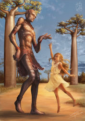 Rule 34 | 10s, 1boy, 1girl, 2015, :d, anklet, arm up, armlet, bangle, barefoot, blonde hair, blue sky, bodypaint, bracelet, cloud, dark skin, dated, day, dirt, dress, facepaint, giant, grass, head scarf, headgear, height difference, ikeda (cpt), jewelry, jumping, loincloth, long hair, looking at another, looking away, looking up, necklace, open mouth, original, outdoors, outstretched arm, outstretched hand, signature, size difference, sky, sleeveless, sleeveless dress, smile, tree, white dress, yellow dress