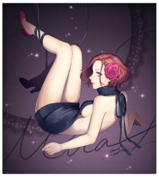 Rule 34 | 10s, 1girl, amg (nwmnmllf), backless outfit, blue eyes, breasts, character name, dress, flower, full body, hair flower, hair ornament, high heels, legs up, looking back, medium breasts, meme attire, mila babicheva, red hair, rose, sideboob, solo, sparkle, sweater, sweater dress, virgin killer sweater, yuri!!! on ice