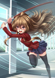 Rule 34 | 1girl, adsouto, aisaka taiga, artist name, black thighhighs, blazer, blush, bokken, brown eyes, brown hair, commentary, day, english commentary, facing viewer, highres, indoors, jacket, long hair, motion lines, oohashi high school uniform, open mouth, pleated skirt, running, school uniform, skirt, solo, sword, thighhighs, toradora!, weapon, window, wooden sword
