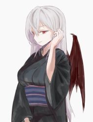 Rule 34 | black kimono, hand up, highres, japanese clothes, kimono, long hair, long sleeves, looking at viewer, megame (okbnkn), obi, original, parted lips, red eyes, sash, simple background, smile, white background, white hair, wide sleeves, wings