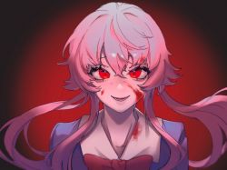 Rule 34 | 1girl, :d, blood, blood on face, blue shirt, bow, bowtie, collarbone, effy liu, eyelashes, floating hair, gasai yuno, hair between eyes, highres, long hair, looking at viewer, mirai nikki, open mouth, pink hair, red bow, red bowtie, red eyes, school uniform, shirt, smile, solo, upper body