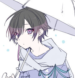 Rule 34 | 1boy, black hair, copyright request, hair between eyes, holding, holding umbrella, kuroi (liar-player), looking at viewer, male focus, parted lips, purple eyes, purple shirt, shirt, simple background, solo, twitter username, umbrella, upper body, white background, white umbrella