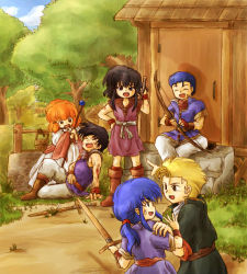 Rule 34 | 2girls, 4boys, black hair, blonde hair, blue hair, bow (weapon), brother and sister, brown eyes, bruise, defeat, diarmuid (fire emblem), dress, closed eyes, fire emblem, fire emblem: genealogy of the holy war, holding, holding sword, holding weapon, injury, lana (fire emblem), larcei (fire emblem), lester (fire emblem), long hair, multiple boys, multiple girls, nintendo, open mouth, orange hair, pointing, ponytail, red-50869, scathach (fire emblem), seliph (fire emblem), short hair, siblings, sitting, smile, staff, standing, sweatdrop, sword, tree, weapon, well, wooden sword