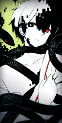 Rule 34 | 1boy, black eyes, blurry, collarbone, commentary request, crying, crying with eyes open, depth of field, hand on own chest, heterochromia, highres, kagerou project, kokonose haruka, looking at viewer, male focus, off shoulder, parted lips, red eyes, scales, simple background, snake, solo, spot color, tears, upper body, vignetting, yuzuki gao