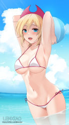 Rule 34 | 1girl, :d, armpits, arms behind head, artist name, ball, bare arms, bare shoulders, beachball, bikini, blonde hair, blue eyes, blue sky, blush, breasts, cloud, collarbone, commentary request, creatures (company), day, game freak, groin, hair between eyes, highres, holding, holding ball, horizon, irida (pokemon), large breasts, lenxiao, looking at viewer, navel, nintendo, ocean, open mouth, outdoors, pokemon, pokemon legends: arceus, side-tie bikini bottom, sky, smile, solo, sweat, swimsuit, wading, water, watermark, web address, white bikini