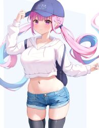 Rule 34 | 1girl, absurdres, baseball cap, black thighhighs, blue hair, blue hat, blush, braid, breasts, closed mouth, collarbone, colored inner hair, denim, denim shorts, hat, highres, hololive, hood, hooded jacket, hoodie, jacket, large breasts, long hair, long sleeves, looking at viewer, midriff, minato aqua, multicolored hair, purple eyes, purple hair, short shorts, shorts, smile, solo, streaked hair, thighhighs, tobidasu00, twintails, two-tone hair, virtual youtuber, white background