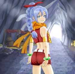 Rule 34 | 1girl, armband, belt, blue eyes, blue hair, bracelet, braid, braided ponytail, cave, dragon quest, dragon quest xi, facing away, grin, hair ribbon, high braid, jewelry, long hair, looking at viewer, maya (dq11), midriff, pointing, red vest, ribbon, scarf, shorts, single braid, smile, solo, standing, tunnel, vest