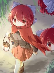 Rule 34 | 1girl, black shirt, blue bow, bow, brown footwear, cloak, commentary, disembodied head, from above, hair bow, highres, holding, holding lantern, lantern, long sleeves, looking at viewer, multiple heads, outdoors, puchimirin, red eyes, red hair, red skirt, sekibanki, sekibanki day, shirt, short hair, skirt, solo, touhou, walking