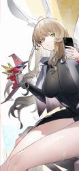 Rule 34 | 1girl, absurdres, animal ear fluff, animal ears, bandaid on thigh, black shirt, blonde hair, bracelet, breasts, cellphone, closed mouth, commentary request, full body, green eyes, grey jacket, grey shirt, gridman universe, hands up, highres, holding, holding phone, holding toy, jacket, jewelry, large breasts, long hair, long sleeves, looking at viewer, minami yume, phone, rabbit ears, shirt, sitting, smartphone, solo, toy, two-tone shirt, very long hair, yushe quetzalli