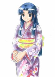 Rule 34 | 00s, asakura ryouko, blue eyes, blue hair, bow, fujita (speedlimit), hair bow, japanese clothes, jpeg artifacts, kimono, long hair, solo, suzumiya haruhi no yuuutsu