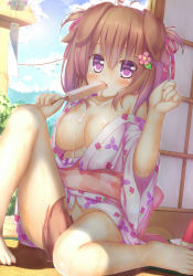 Rule 34 | 1girl, animal ears, bad id, bad pixiv id, barefoot, between legs, blue sky, blush, breasts, brown hair, cleavage, day, dog ears, dog tail, feet, food, fruit, hair ornament, hairclip, highres, japanese clothes, kimono, large breasts, lens flare, looking at viewer, no bra, no panties, obi, off shoulder, original, popsicle, purple eyes, sash, sitting, sky, solo, sweat, tail, tail between legs, tatami, wataru (zazazazazazawa), watermelon, wind chime, yukata