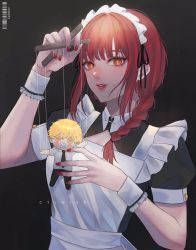 Rule 34 | 1girl, apron, arms up, artist name, black background, black dress, blunt bangs, chainsaw man, character doll, cyloiss, denji (chainsaw man), doll, dress, hand up, highres, holding, maid, maid apron, maid headdress, makeup, makima (chainsaw man), marionette, nail polish, parted lips, puppet, red hair, red nails, ringed eyes, sidelocks, solo, twitter username, upper body, yellow eyes
