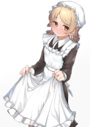 1girl absurdres alternate_costume apron black_dress blonde_hair blush brown_hair deko_isu dress enmaided hat highres idolmaster idolmaster_cinderella_girls looking_at_viewer maid mob_cap morikubo_nono ringlets simple_background skirt_hold smile solo white_apron white_background