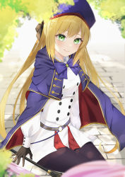 Rule 34 | 1girl, arm at side, artoria caster (fate), artoria caster (second ascension) (fate), artoria pendragon (fate), beret, black gloves, blush, bow, breasts, closed mouth, fate/grand order, fate (series), full body, gloves, green eyes, hair between eyes, hair ribbon, hat, highres, holding, legs, legs together, long hair, looking at viewer, parted lips, purple bow, raincoat, ribbon, shirt, simple background, sitting, small breasts, smile, solo, thighs, tree, twintails, wanko (yurika0320), white shirt