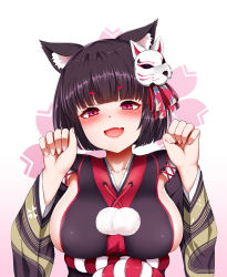 Rule 34 | 1girl, :d, absurdres, animal ears, azur lane, bad id, bad pixiv id, black hair, blunt bangs, blush, breasts, cat ears, fang, fox mask, highres, japanese clothes, kimono, kouhaku nawa, large breasts, looking at viewer, mapar, mask, mask on head, open mouth, paw pose, pom pom (clothes), red eyes, rope, shimenawa, short hair, sideboob, smile, solo, upper body, yamashiro (azur lane)