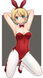 Rule 34 | 1girl, animal ears, armpits, arms behind head, blonde hair, blue eyes, bow, bowtie, braid, breasts, breasts apart, closed mouth, darjeeling (girls und panzer), detached collar, fake animal ears, full body, girls und panzer, grey background, groin, high heels, highres, kneeling, legs, leotard, looking at viewer, medium breasts, pantyhose, playboy bunny, rabbit ears, recolor, red bow, red bowtie, red footwear, red leotard, short hair, side-tie leotard, smile, solo, strapless, strapless leotard, swept bangs, thighs, twin braids, uona telepin, white background, white pantyhose