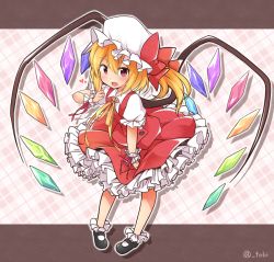Rule 34 | 1girl, bent over, black footwear, blonde hair, bobby socks, checkered background, fang, flandre scarlet, frilled skirt, frills, full body, hat, hat ribbon, heart, index finger raised, looking at viewer, mary janes, mob cap, open mouth, pigeon-toed, pink background, puffy short sleeves, puffy sleeves, red eyes, red skirt, red vest, ribbon, shoes, short hair, short sleeves, side ponytail, skirt, skirt hold, socks, solo, standing, tobi (nekomata homara), touhou, twitter username, vest, wings, wrist cuffs, wrist ribbon, yellow ribbon