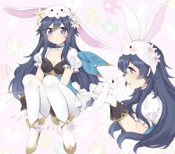 Rule 34 | 1girl, alternate costume, animal, animal ears, animal hood, bad id, bad twitter id, blue hair, blush, breasts, cleavage, collar, easter egg, egg, fake animal ears, fire emblem, fire emblem awakening, fire emblem heroes, flower, frilled collar, frills, hair flower, hair ornament, holding, holding animal, hood, leotard, long hair, looking at viewer, lucina (fire emblem), lucina (spring) (fire emblem), nintendo, official alternate costume, pantyhose, playboy bunny, plushcharm, puffy short sleeves, puffy sleeves, rabbit, rabbit ears, rabbit hood, short sleeves, sitting, small breasts, symbol-shaped pupils, very long hair, white pantyhose