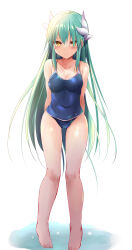 Rule 34 | 1girl, bare shoulders, barefoot, blue one-piece swimsuit, blush, breasts, cleavage, collarbone, dragon girl, dragon horns, fate/grand order, fate (series), full body, green hair, highres, horns, kiyohime (fate), long hair, looking at viewer, medium breasts, multiple horns, one-piece swimsuit, sen (astronomy), smile, solo, swimsuit, yellow eyes