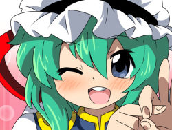 Rule 34 | 1girl, :d, bad id, bad pixiv id, blue eyes, blush, close-up, eromame, female focus, green hair, hand gesture, hat, one eye closed, open mouth, penetration gesture, shiki eiki, smile, solo, touhou, upper body, wink