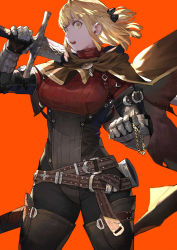 Rule 34 | 1girl, armor, belt, black bow, boots, bow, braid, brown cape, brown eyes, cape, fantasy, female focus, french braid, gauntlets, hair bow, holding, holding sword, holding weapon, jun (navigavi), leather armor, looking at viewer, one side up, open mouth, orange background, over shoulder, second-party source, sheath, sideways glance, simple background, solo, sword, thigh boots, thighhighs, weapon, weapon over shoulder