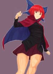 Rule 34 | 1girl, black shirt, blue bow, bow, breasts, cape, clenched hand, cowboy shot, hair bow, highres, kakone, long sleeves, looking at viewer, open mouth, pleated skirt, red cape, red eyes, red hair, red ribbon, red skirt, ribbon, ribbon-trimmed bow, ribbon-trimmed shirt, sekibanki, shirt, short hair, simple background, skirt, small breasts, solo, standing, touhou