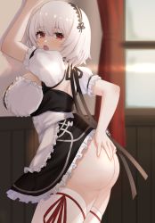 Rule 34 | 1girl, against wall, apron, ass, azur lane, blush, breasts, collarbone, dress, hair between eyes, hairband, highres, kuwahara taiki, lace-trimmed hairband, lace trim, large breasts, looking at viewer, maid, maid apron, no panties, puffy sleeves, red eyes, short hair, short sleeves, sirius (azur lane), solo, thighhighs, thighs, white dress, white hair, white thighhighs