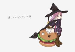 Rule 34 | 1girl, arm warmers, black cape, black hat, black shirt, black sleeves, boots, brown footwear, burger, cape, crop top, detached sleeves, fold-over boots, food, full body, goo ii, hands on own face, hat, looking at viewer, magia record: mahou shoujo madoka magica gaiden, magical girl, mahou shoujo madoka magica, medium hair, misono karin, parted bangs, pillow, pleated skirt, purple eyes, purple hair, purple thighhighs, shirt, simple background, sitting, skirt, solo, striped clothes, striped thighhighs, thighhighs, two side up, white background, white skirt, witch hat