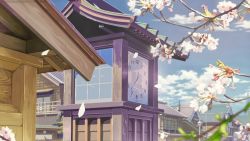 Rule 34 | absurdres, architecture, bad id, bad pixiv id, blue sky, blurry, blurry foreground, branch, building, cherry blossoms, clock, cloud, commentary request, east asian architecture, flower, highres, kamo nasus., lamppost, leaf, no humans, original, outdoors, petals, railing, scenery, sky, spring (season), utility pole