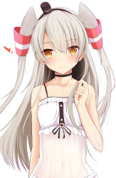 Rule 34 | 10s, 1girl, alternate costume, amatsukaze (kancolle), bare shoulders, brown eyes, choker, hair tubes, heart, jewelry, kantai collection, long hair, looking at viewer, playing with own hair, ring, see-through, silver hair, simple background, smile, solo, takeyuu, two side up, wedding band, white background