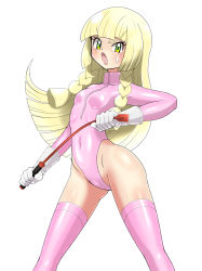Rule 34 | 1girl, absurdres, angry, ass, blonde hair, blush, bodysuit, braid, breasts, covered navel, creatures (company), dominatrix, game freak, gloves, green eyes, highres, latex, latex bodysuit, latex gloves, latex legwear, lillie (pokemon), lingerie, lips, long hair, nintendo, pink bodysuit, pokemon, pokemon sm, riding crop, shiny clothes, shiny skin, shoukin500, small breasts, sweat, thick thighs, thighhighs, thighs, underwear, whip, white background, white gloves, white thighhighs