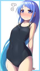 Rule 34 | 1girl, black one-piece swimsuit, blue border, blue eyes, blue hair, border, competition swimsuit, embarrassed, flat chest, gradient hair, highres, kantai collection, long hair, looking at viewer, multicolored hair, narashika asuka, one-piece swimsuit, samidare (kancolle), solo, swept bangs, swimsuit, very long hair, white background
