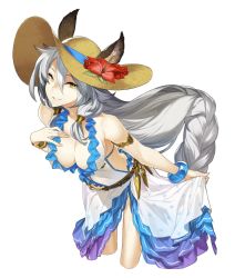 Rule 34 | 10s, 1girl, 92m, animal ears, bare shoulders, bracelet, braid, breasts, cleavage, ears through headwear, erune, flower, granblue fantasy, hat, hat flower, heles, heles (summer) (granblue fantasy), highres, jewelry, leaning forward, long hair, low-braided long hair, low-tied long hair, parted lips, silver hair, simple background, smile, solo, sun hat, very long hair, white background, yellow eyes