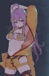 Rule 34 | !, 1girl, absurdres, ahoge, armpits, arms up, belt, blonde hair, blush, breasts, closed mouth, embarrassed, highres, long hair, lyrinne, medium breasts, midriff, multicolored hair, navel, purple eyes, purple hair, solo, stretching, sweat, thighhighs, underboob, vividly vivi