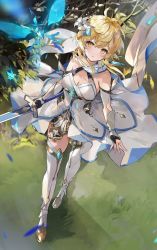 Rule 34 | 1girl, blonde hair, blush, breasts, cleavage, dress, feather hair ornament, feathers, flower, full body, genshin impact, gloves, hair flower, hair ornament, highres, holding, holding weapon, looking at viewer, lumine (genshin impact), medium breasts, open mouth, outdoors, scarf, short hair with long locks, solo, soraneko hino, sword, weapon, white dress, white flower, white scarf, yellow eyes
