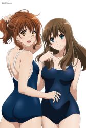 Rule 34 | 2girls, :d, absurdres, ass, back, bare legs, bare shoulders, blue eyes, blue one-piece swimsuit, blush, breasts, brown hair, closed mouth, collarbone, eyelashes, fluffy hair, from behind, hair between eyes, hair tie, hibike! euphonium, highres, kadowaki miku, kuroe mayu, large breasts, long hair, looking at viewer, looking back, medium breasts, medium hair, megami magazine, multiple girls, official art, one-piece swimsuit, open mouth, orange eyes, oumae kumiko, ponytail, school swimsuit, simple background, smile, spaghetti strap, swimsuit, translation request, white background