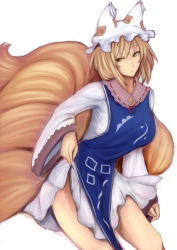 Rule 34 | 1girl, bad id, bad pixiv id, blonde hair, clothes lift, dress, dress lift, female focus, fox tail, hat, multiple tails, otouto (caster5), short hair, solo, tail, touhou, yakumo ran, yellow eyes