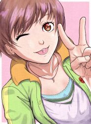 Rule 34 | 1girl, amataseru (artist), official alternate costume, one eye closed, persona, persona 4, satonaka chie, smile, tongue, tongue out, v, wink