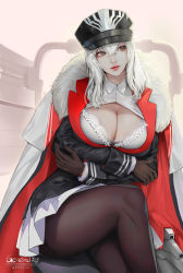 Rule 34 | 1girl, absurdres, artist name, azur lane, bra, breast hold, breasts, brown eyes, brown gloves, cleavage, closed mouth, coat, crossed arms, crossed bangs, crossed legs, derivative work, fur trim, genera-x, gloves, graf zeppelin (azur lane), hair between eyes, hat, highres, jacket, lace, lace-trimmed bra, lace trim, large breasts, lips, lipstick, long hair, looking to the side, makeup, military hat, pantyhose, pleated skirt, sitting, skirt, solo, thighs, underwear, white bra, white hair, wing collar