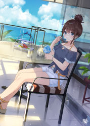 Rule 34 | 1girl, balcony, belt, blue eyes, blue shirt, blue sky, brown hair, chair, cloud, commentary request, cup, day, drinking glass, dutch angle, feet out of frame, food, fruit, glass wall, grapes, hair between eyes, hair bun, highres, holding, holding spoon, horizon, looking at viewer, miko fly, ocean, off-shoulder shirt, off shoulder, original, outdoors, palm leaf, pitcher (container), sandals, shaved ice, shirt, short hair, short sleeves, shorts, single hair bun, sitting, sky, smile, solo, spoon, table, tiered tray, tile floor, tiles, watermelon, watermelon slice, white shorts