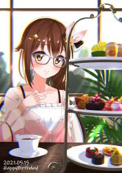 Rule 34 | 1girl, absurdres, blouse, bracelet, brown eyes, brown hair, cake, chair, collarbone, collared shirt, commentary request, cup, dated, dessert, english text, food, glasses, hair ornament, happy birthday, highres, hololive, jewelry, lindt (apnk), long sleeves, looking at viewer, mousse (food), pink shirt, saucer, shirt, sitting, smile, solo, star (symbol), star hair ornament, table, tart (food), teacup, tiered tray, tokino sora, tokino sora (casual), virtual youtuber, wooden table